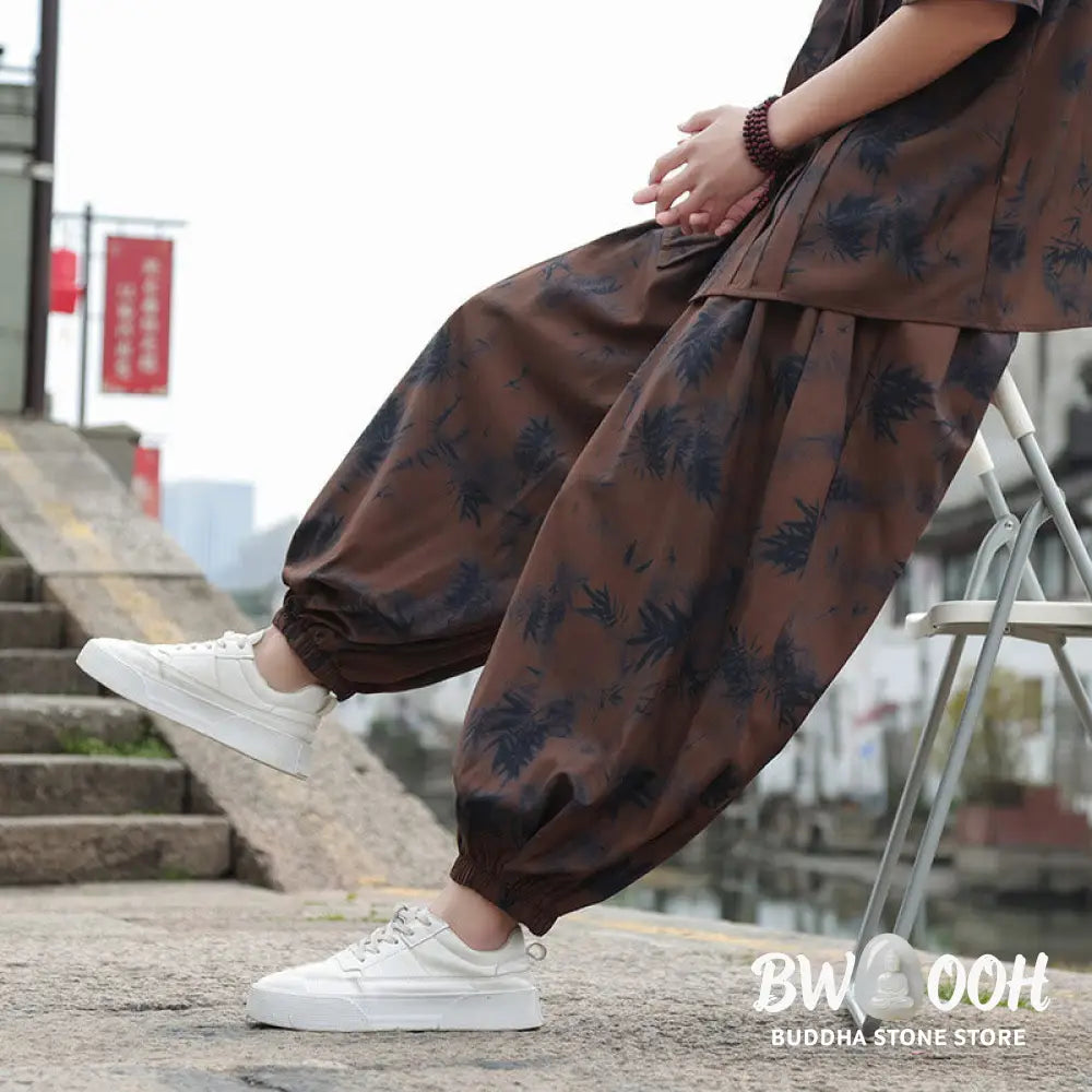 Buddha Stones Bamboo Leaves Pattern Loose Men’s Harem Pants With Pockets - Men’s Harem Pants