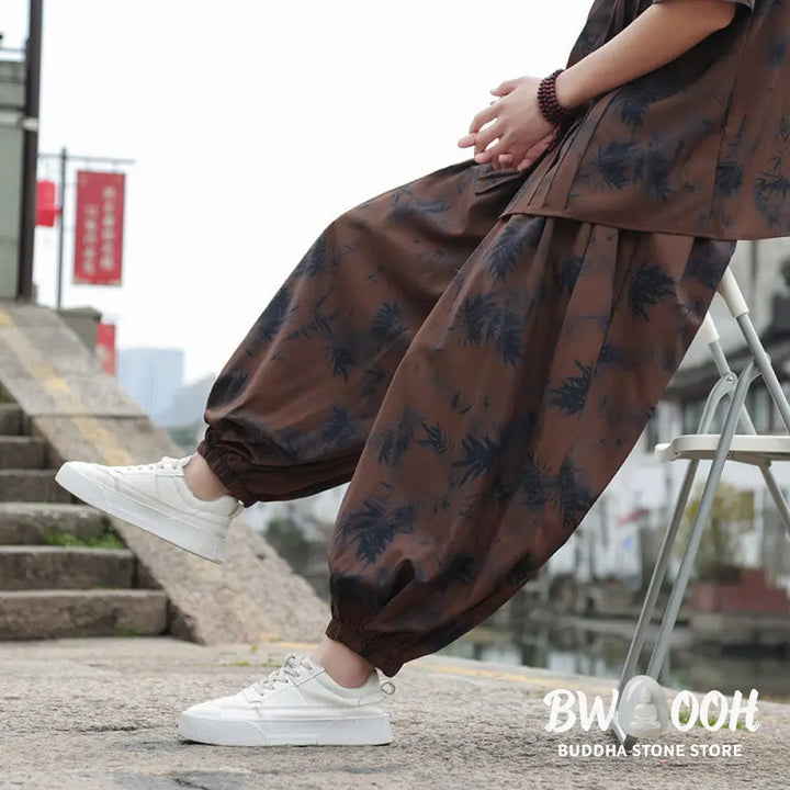 Buddha Stones Bamboo Leaves Pattern Loose Men’s Harem Pants With Pockets - Men’s Harem Pants