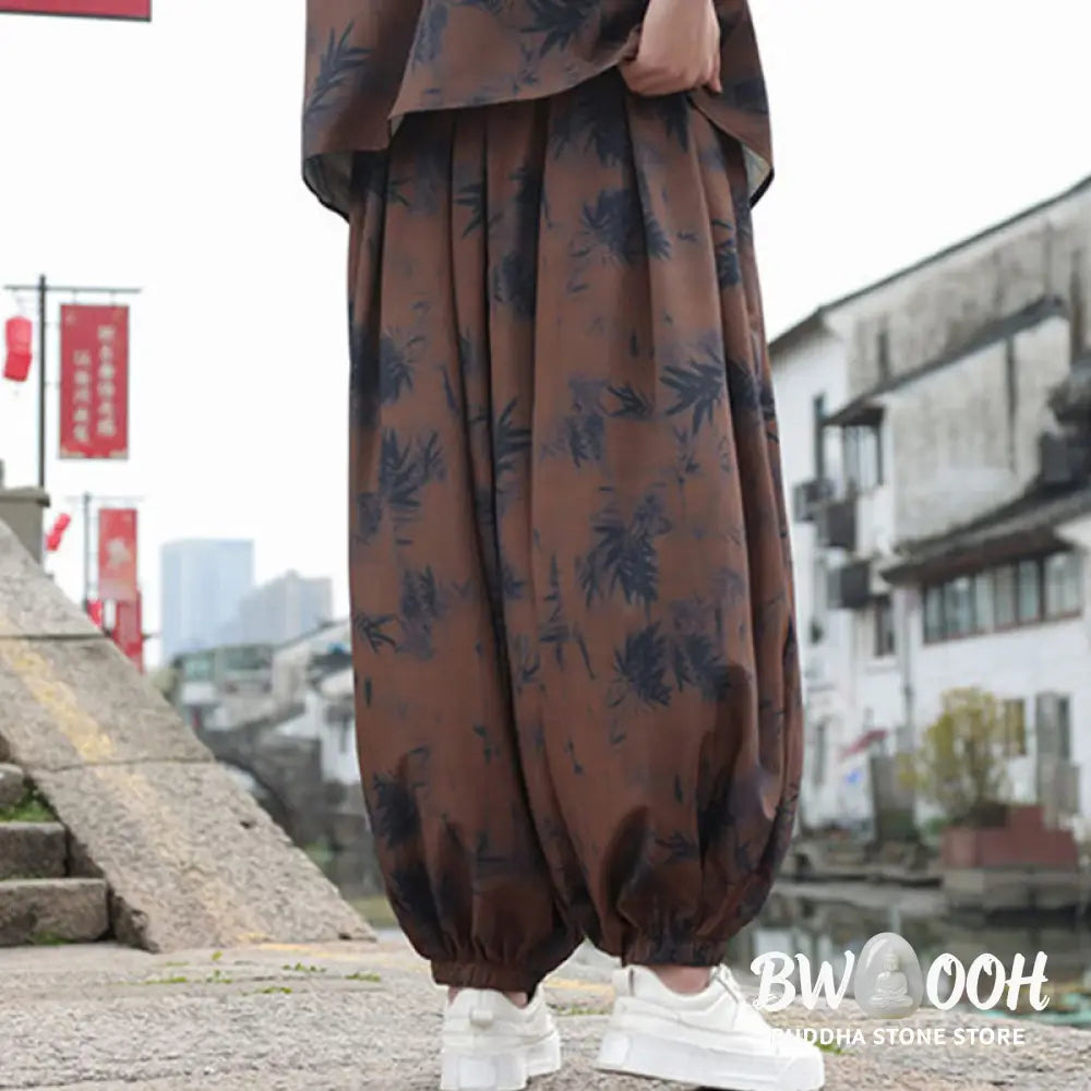 Buddha Stones Bamboo Leaves Pattern Loose Men’s Harem Pants With Pockets - Men’s Harem Pants