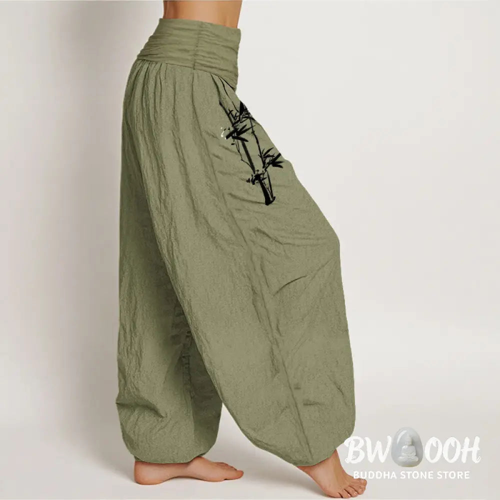 Buddha Stones Bamboo Leaves Red Sun Pattern Women's Elastic Waist Harem Pure Cotton Pants - Women's Harem Pants