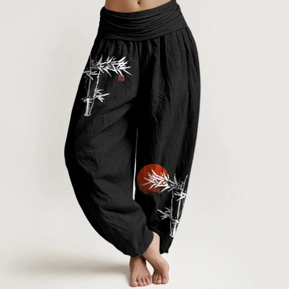 Buddha Stones Bamboo Leaves Red Sun Pattern Women&
