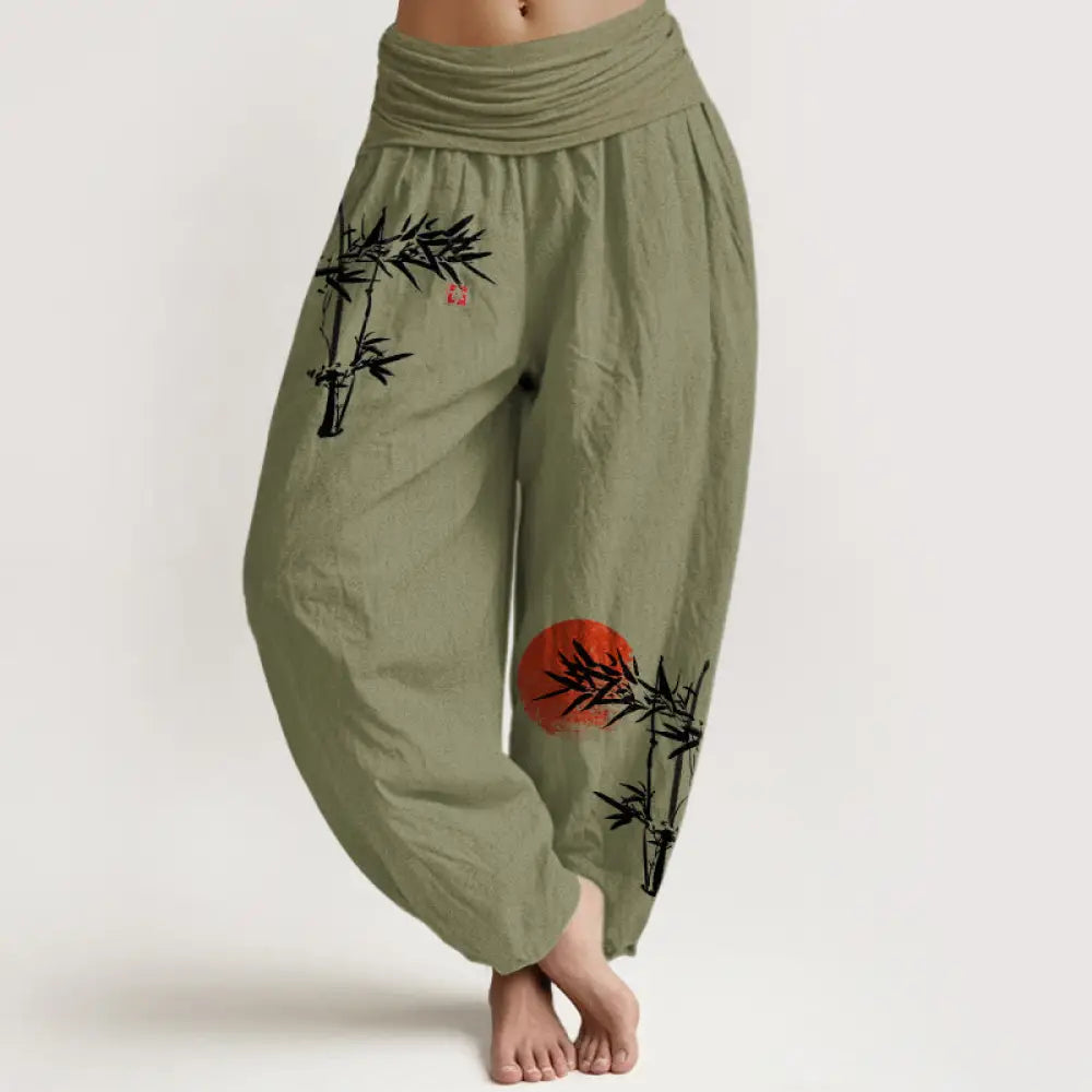 BWOOOH printed harem pants - Bamboo Leaves Red Sun Pattern Women&