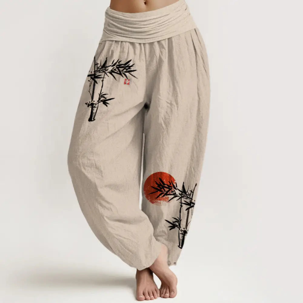 Buddha Stones Bamboo Leaves Red Sun Pattern Women&