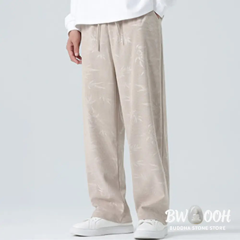 Buddha Stones Bamboo Pattern Corduroy Men’s Wide Leg Pants With Pockets - Men’s Wide Leg Pants