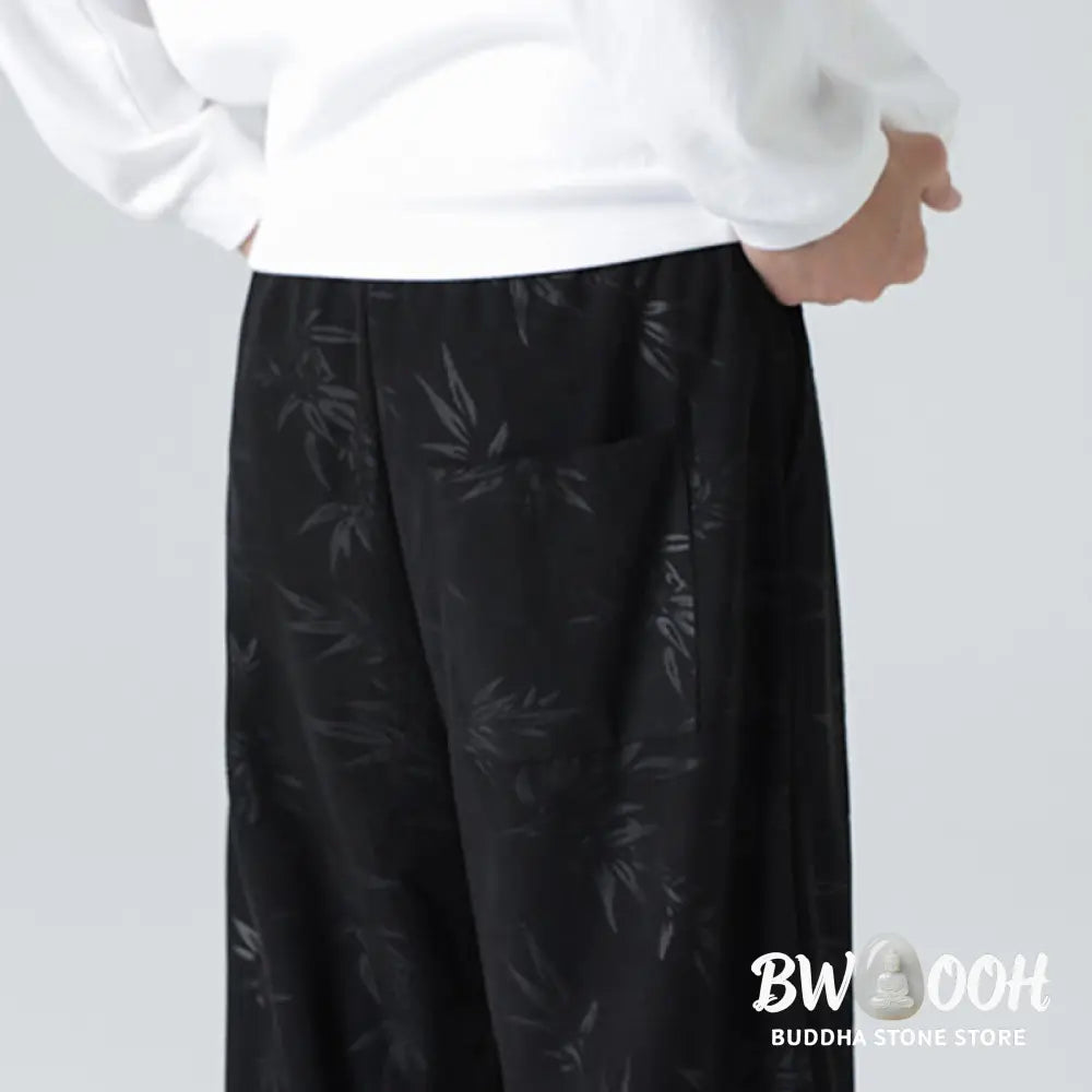 Buddha Stones Bamboo Pattern Corduroy Men’s Wide Leg Pants With Pockets - Men’s Wide Leg Pants
