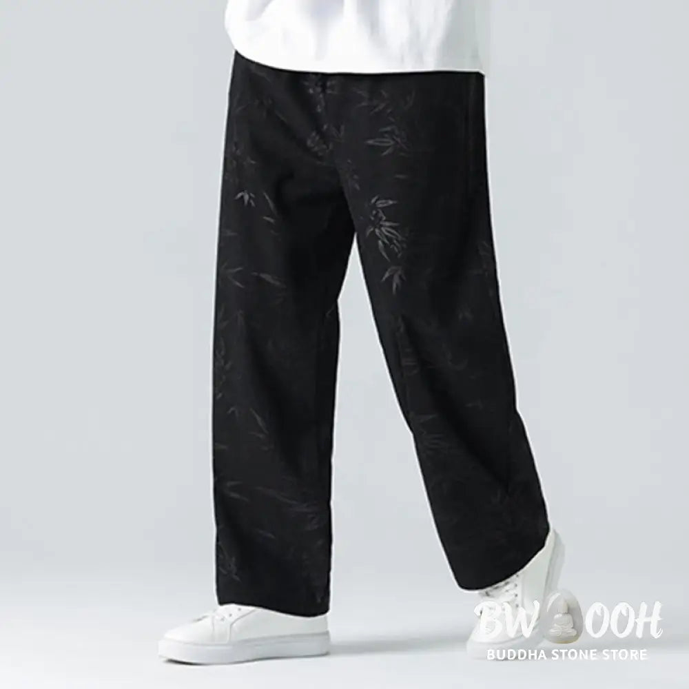 Buddha Stones Bamboo Pattern Corduroy Men’s Wide Leg Pants With Pockets - Men’s Wide Leg Pants