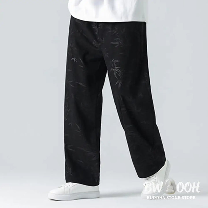 Buddha Stones Bamboo Pattern Corduroy Men’s Wide Leg Pants With Pockets - Men’s Wide Leg Pants