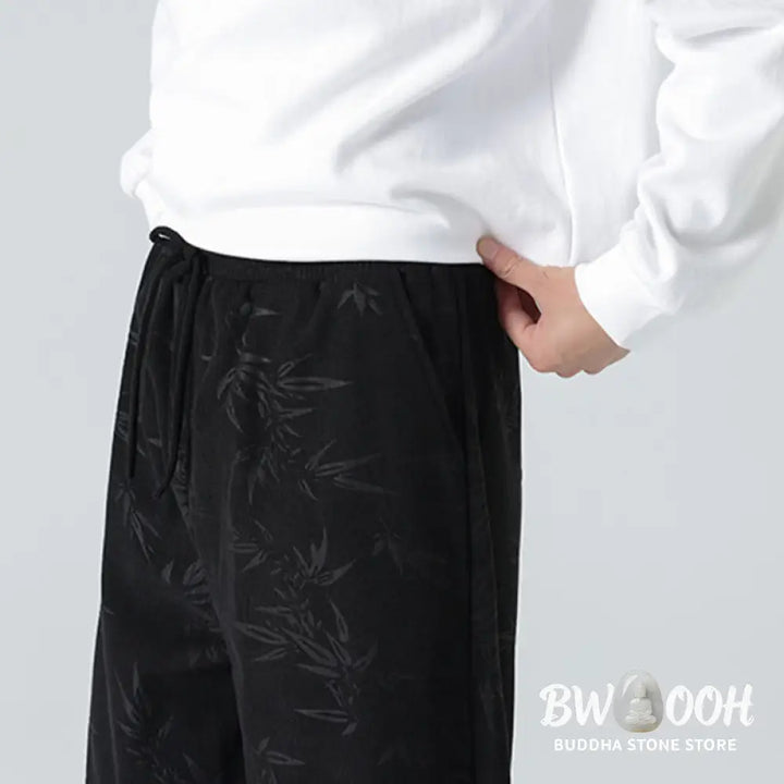 Buddha Stones Bamboo Pattern Corduroy Men’s Wide Leg Pants With Pockets - Men’s Wide Leg Pants