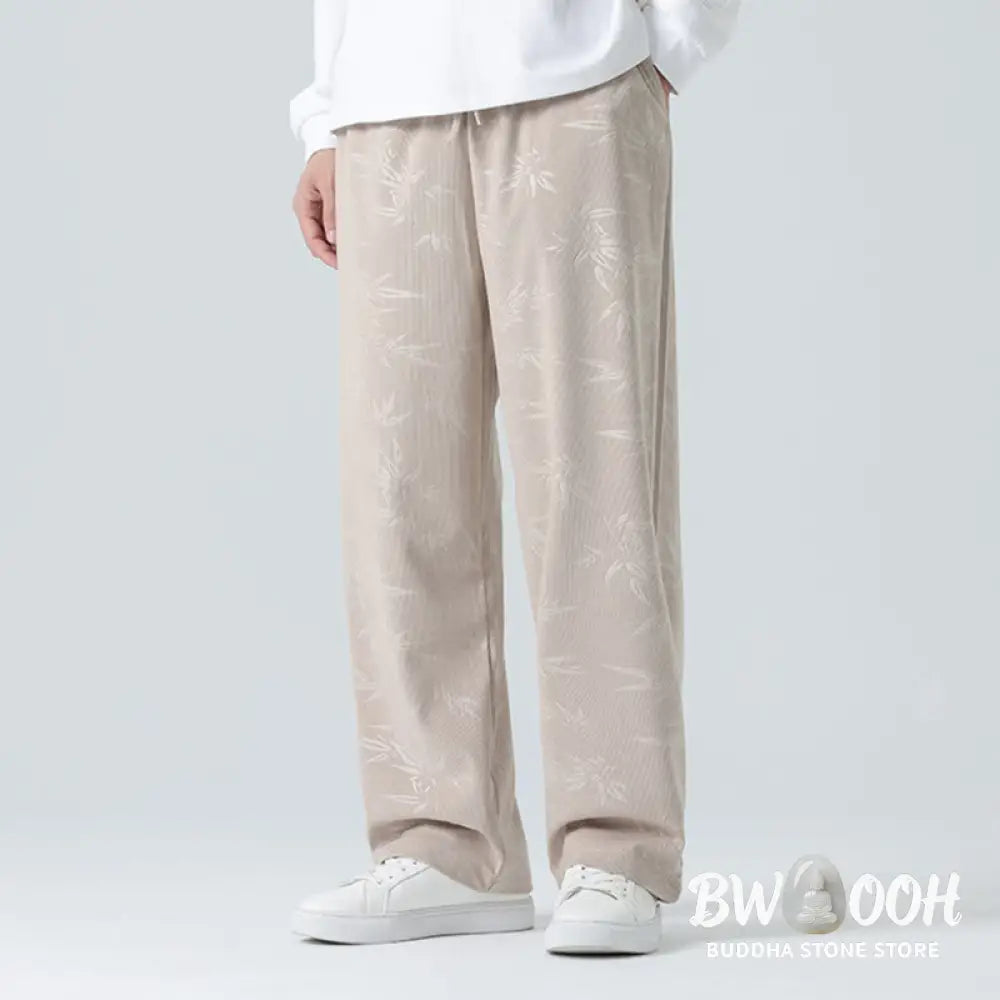 Buddha Stones Bamboo Pattern Corduroy Men’s Wide Leg Pants With Pockets - Men’s Wide Leg Pants