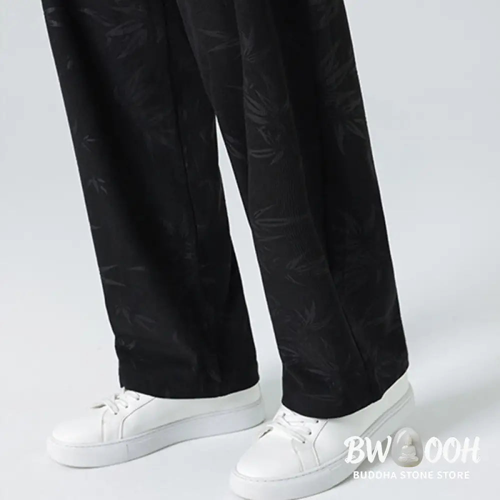 Buddha Stones Bamboo Pattern Corduroy Men’s Wide Leg Pants With Pockets - Men’s Wide Leg Pants