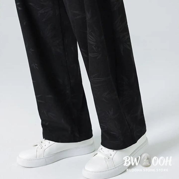Buddha Stones Bamboo Pattern Corduroy Men’s Wide Leg Pants With Pockets - Men’s Wide Leg Pants