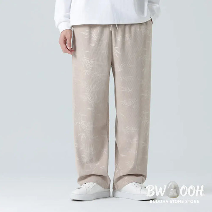 Buddha Stones Bamboo Pattern Corduroy Men’s Wide Leg Pants With Pockets - Men’s Wide Leg Pants