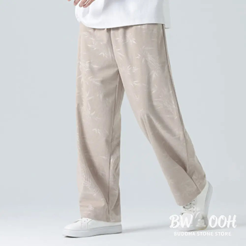 Buddha Stones Bamboo Pattern Corduroy Men’s Wide Leg Pants With Pockets - Men’s Wide Leg Pants