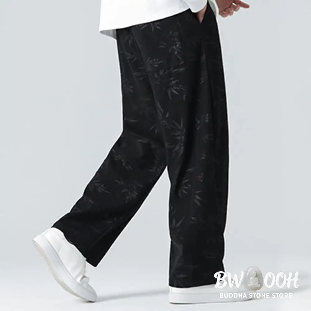 Buddha Stones Bamboo Pattern Corduroy Men’s Wide Leg Pants With Pockets - Men’s Wide Leg Pants