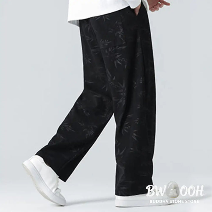 Buddha Stones Bamboo Pattern Corduroy Men’s Wide Leg Pants With Pockets - Men’s Wide Leg Pants