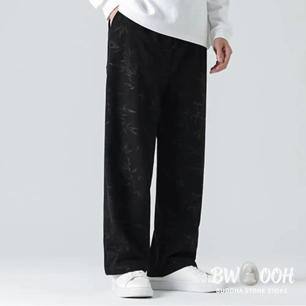 Buddha Stones Bamboo Pattern Corduroy Men’s Wide Leg Pants With Pockets - Men’s Wide Leg Pants