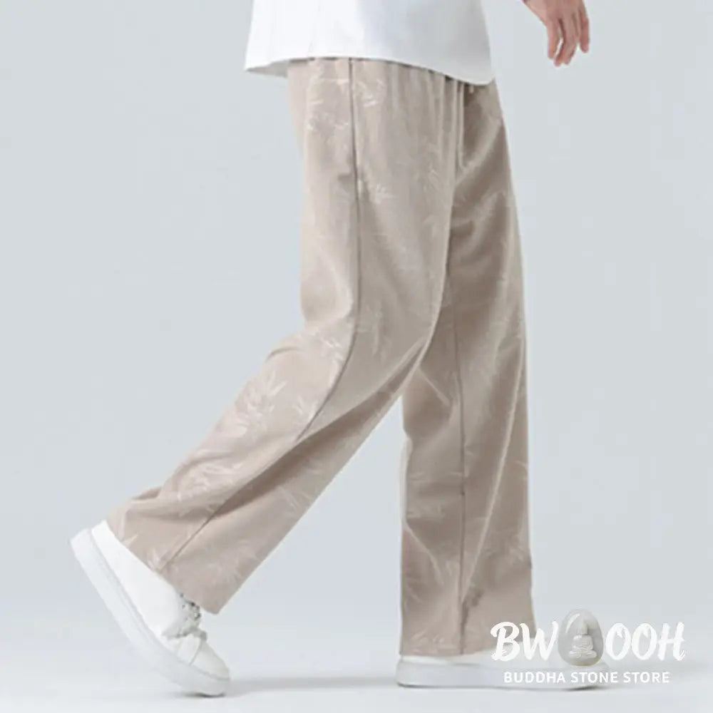 Buddha Stones Bamboo Pattern Corduroy Men’s Wide Leg Pants With Pockets - Men’s Wide Leg Pants
