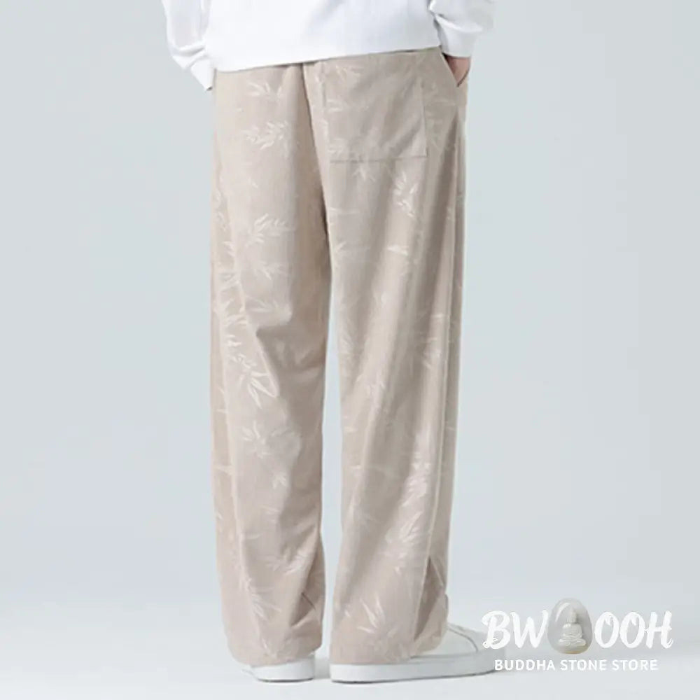 Buddha Stones Bamboo Pattern Corduroy Men’s Wide Leg Pants With Pockets - Men’s Wide Leg Pants