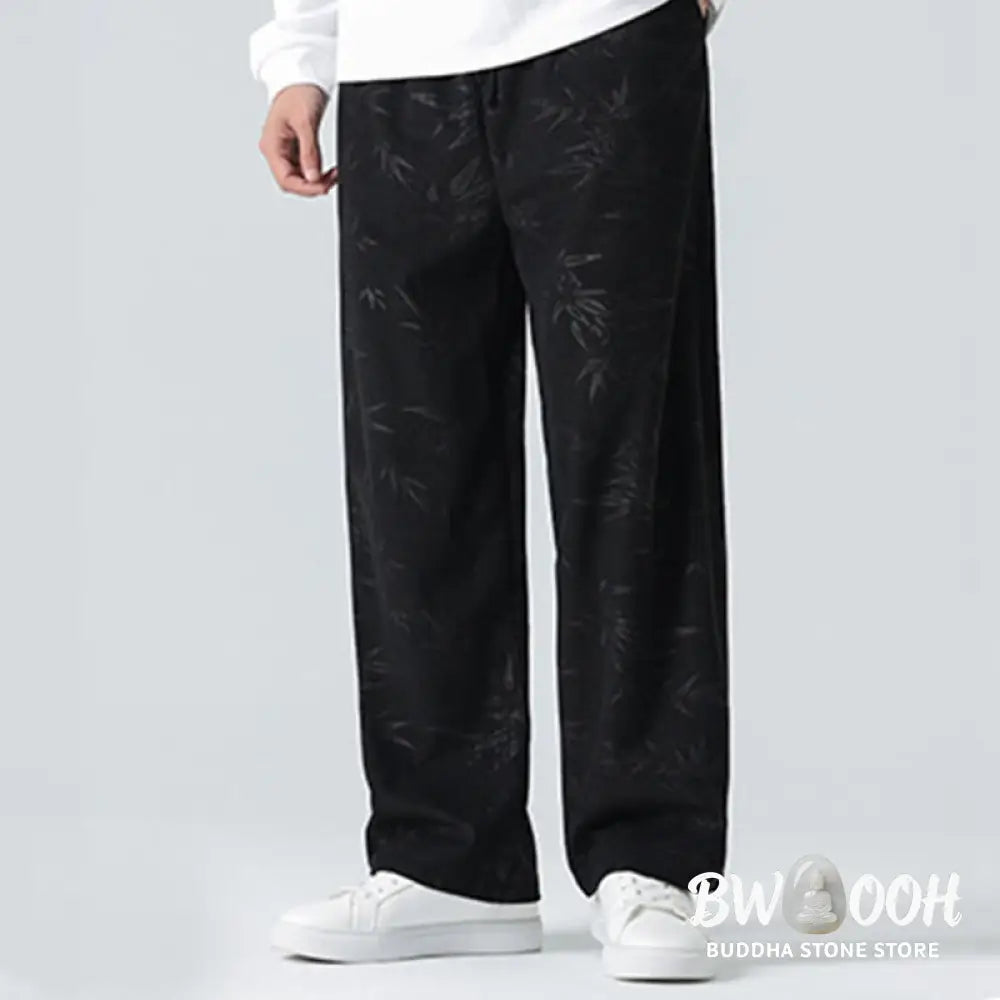 Buddha Stones Bamboo Pattern Corduroy Men’s Wide Leg Pants With Pockets - Men’s Wide Leg Pants