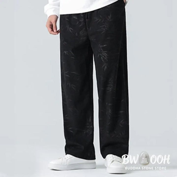 Buddha Stones Bamboo Pattern Corduroy Men’s Wide Leg Pants With Pockets - Men’s Wide Leg Pants