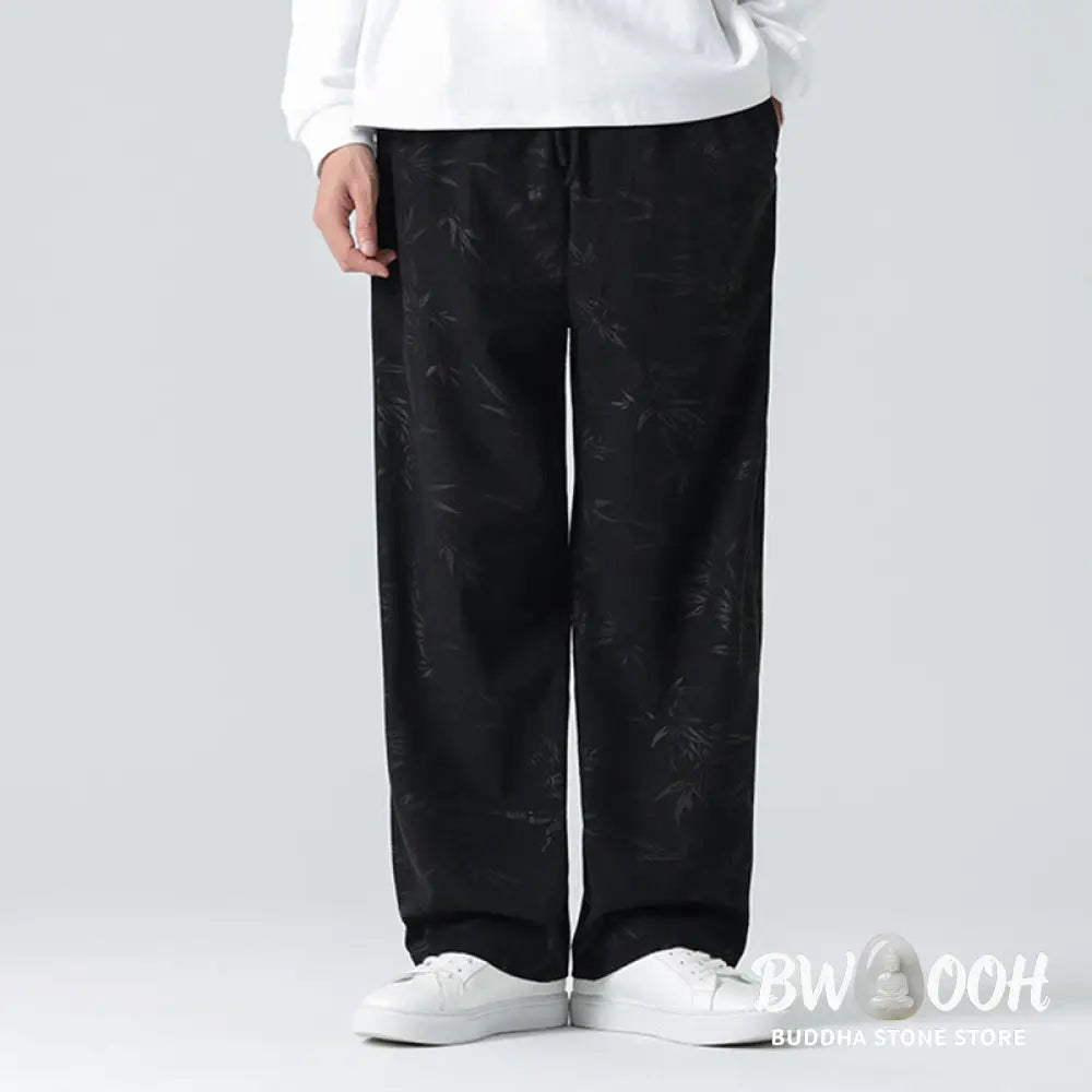 Buddha Stones Bamboo Pattern Corduroy Men’s Wide Leg Pants With Pockets - Men’s Wide Leg Pants