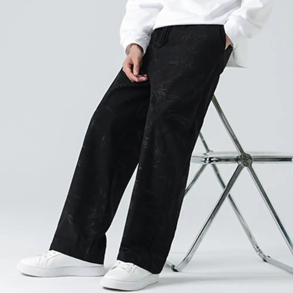 Buddha Stones Bamboo Pattern Corduroy Men’s Wide Leg Pants With Pockets - Black / US/UK/AU36，EU46 (L) - Men’s Wide Leg