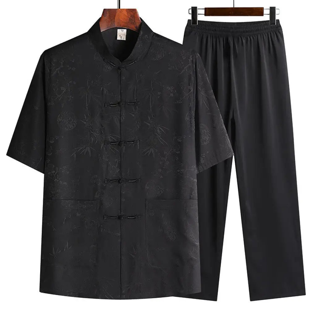 Buddha Stones Bamboo Peach Blossom Tang Suit Hanfu Traditional Uniform Short Sleeve Top Pants Clothing Men’s Set