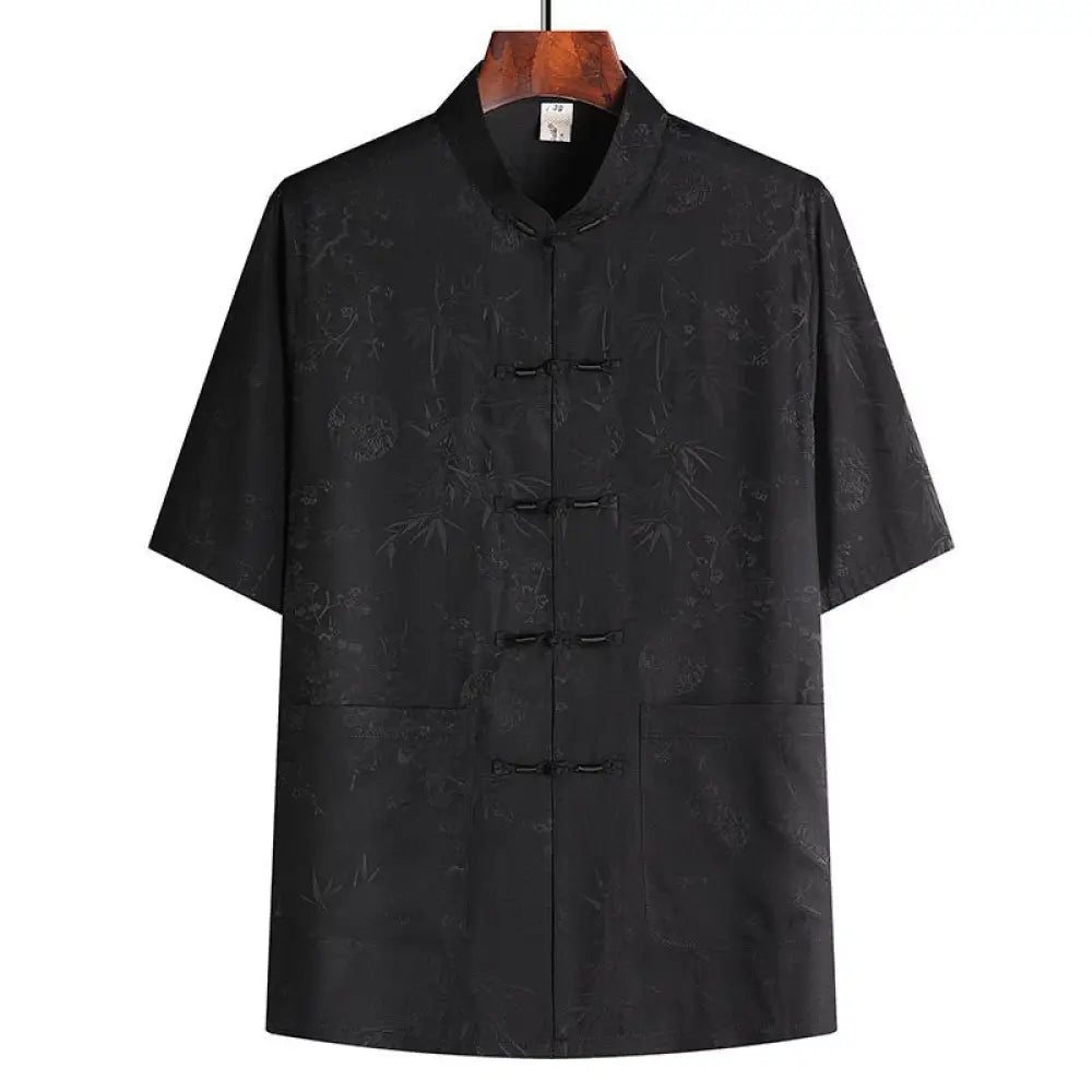 Buddha Stones Bamboo Peach Blossom Tang Suit Hanfu Traditional Uniform Short Sleeve Top Pants Clothing Men’s Set