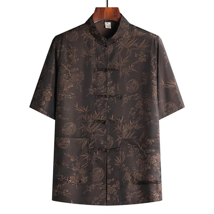 Buddha Stones Bamboo Peach Blossom Tang Suit Hanfu Traditional Uniform Short Sleeve Top Pants Clothing Men’s Set