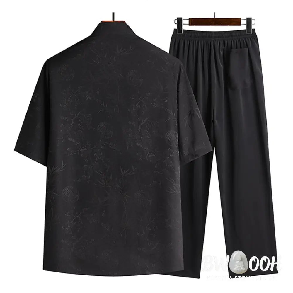 Buddha Stones Bamboo Peach Blossom Tang Suit Hanfu Traditional Uniform Short Sleeve Top Pants Clothing Men’s Set