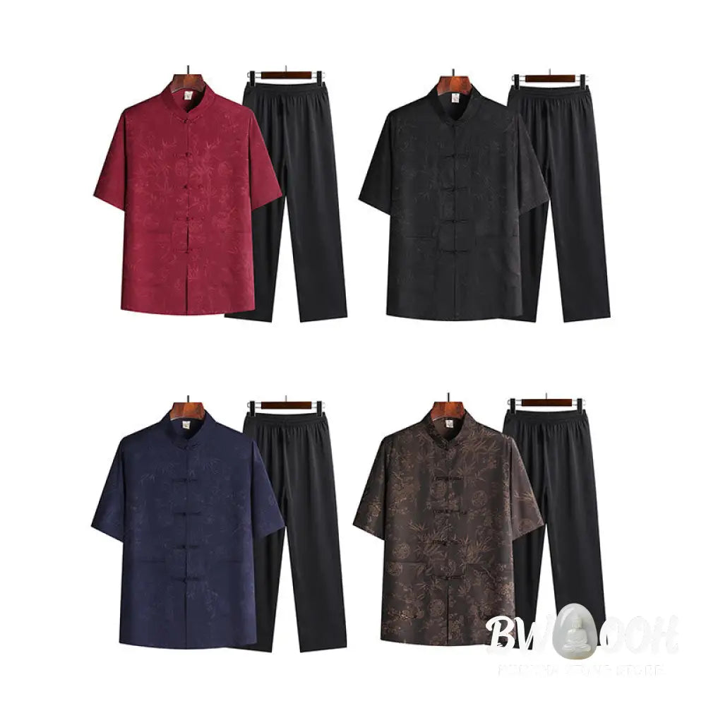 Buddha Stones Bamboo Peach Blossom Tang Suit Hanfu Traditional Uniform Short Sleeve Top Pants Clothing Men’s Set