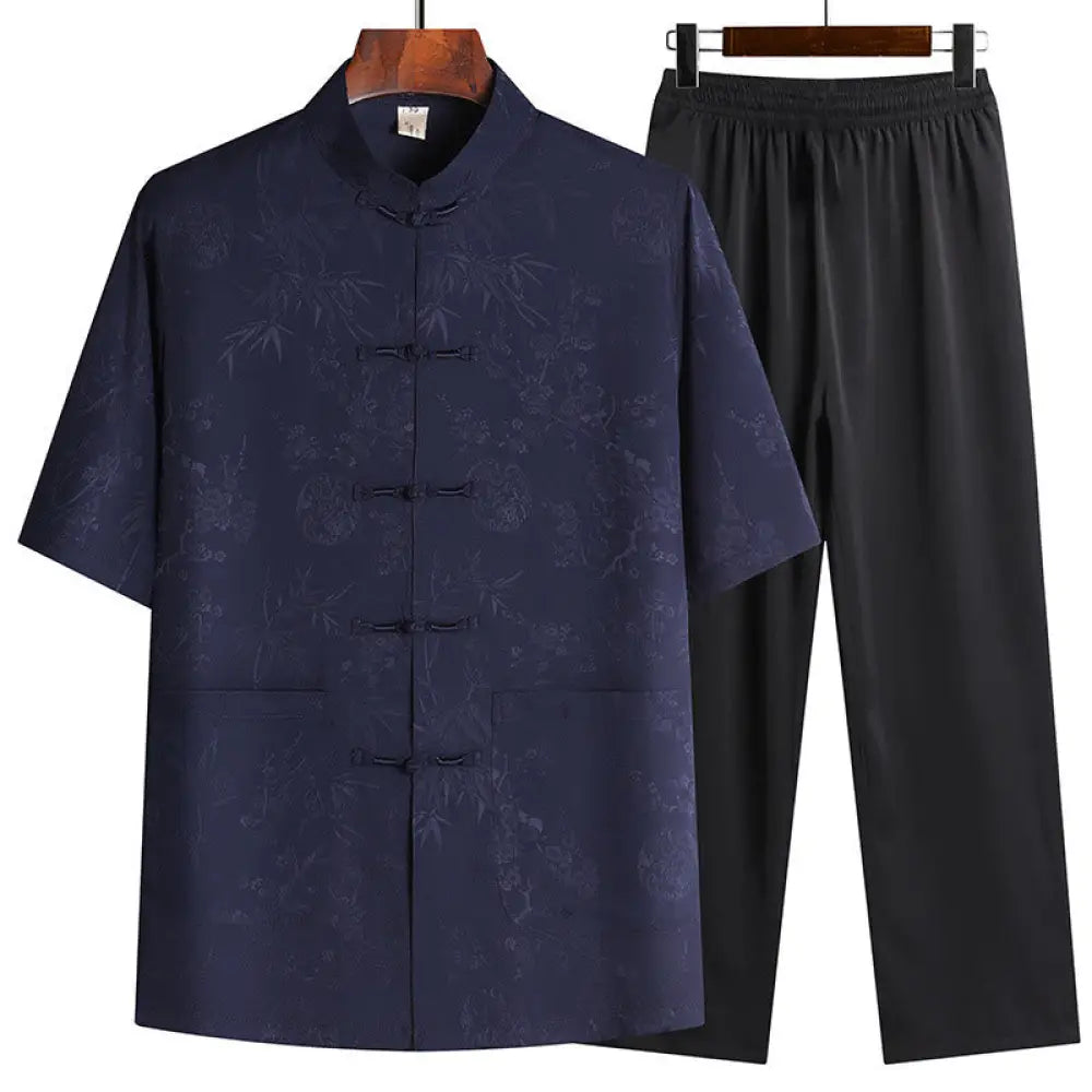 Buddha Stones Bamboo Peach Blossom Tang Suit Hanfu Traditional Uniform Short Sleeve Top Pants Clothing Men’s Set - Navy