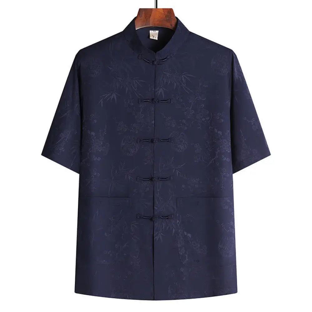 Buddha Stones Bamboo Peach Blossom Tang Suit Hanfu Traditional Uniform Short Sleeve Top Pants Clothing Men’s Set - Navy