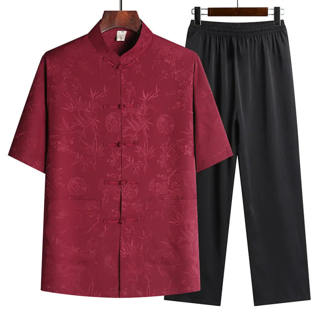 Buddha Stones Bamboo Peach Blossom Tang Suit Hanfu Traditional Uniform Short Sleeve Top Pants Clothing Men’s Set