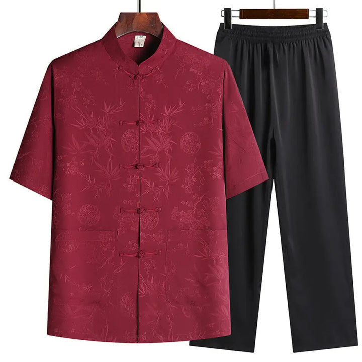 Buddha Stones Bamboo Peach Blossom Tang Suit Hanfu Traditional Uniform Short Sleeve Top Pants Clothing Men’s Set