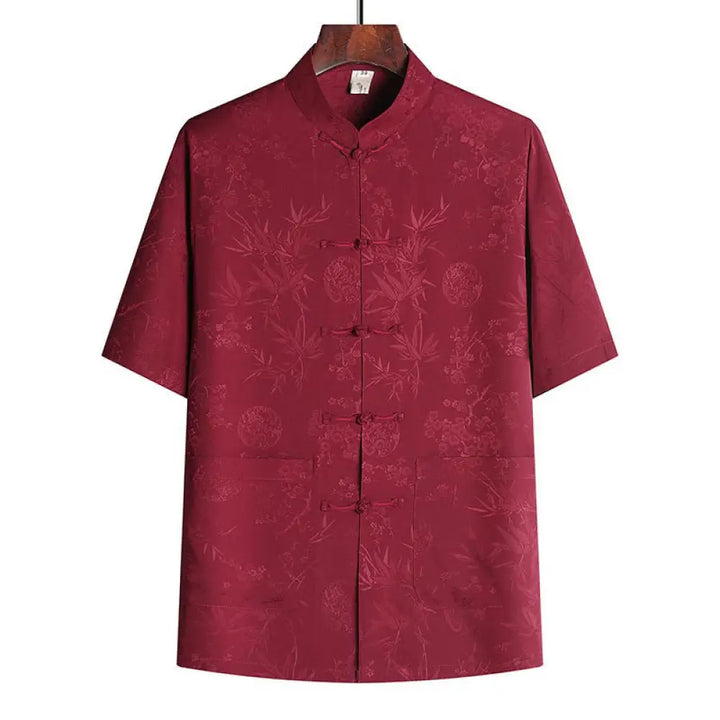 Buddha Stones Bamboo Peach Blossom Tang Suit Hanfu Traditional Uniform Short Sleeve Top Pants Clothing Men’s Set - Red