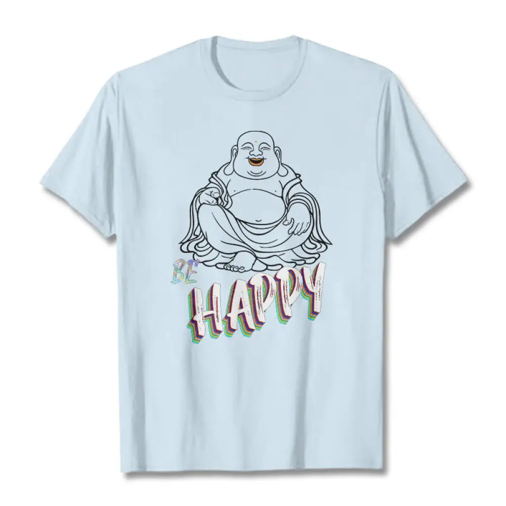 Buddha Stones BE HAPPY Laughing Buddha Tee T-shirt - LightCyan / S - T-Shirts