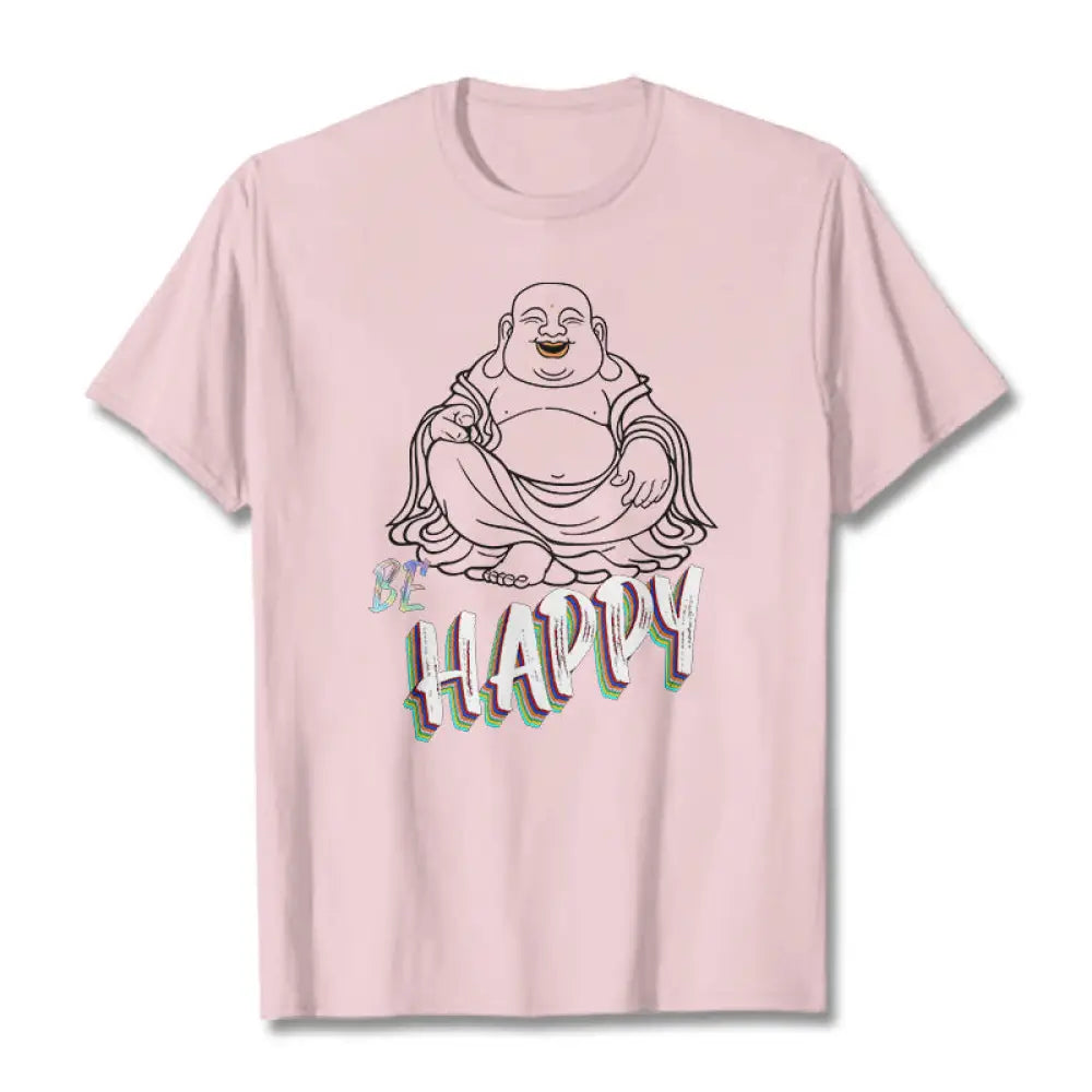 Buddha Stones BE HAPPY Laughing Buddha Tee T-shirt - LightPink / S - T-Shirts
