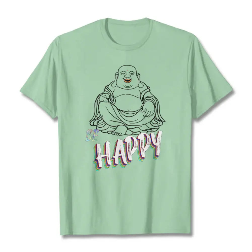 Buddha Stones BE HAPPY Laughing Buddha Tee T-shirt - PaleGreen / S - T-Shirts