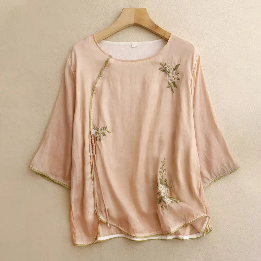 Buddha Stones Beige Floral Green Leaf Embroidery Crew Neck Three Quarter Sleeve Women’s Cotton Shirt - PeachPuff