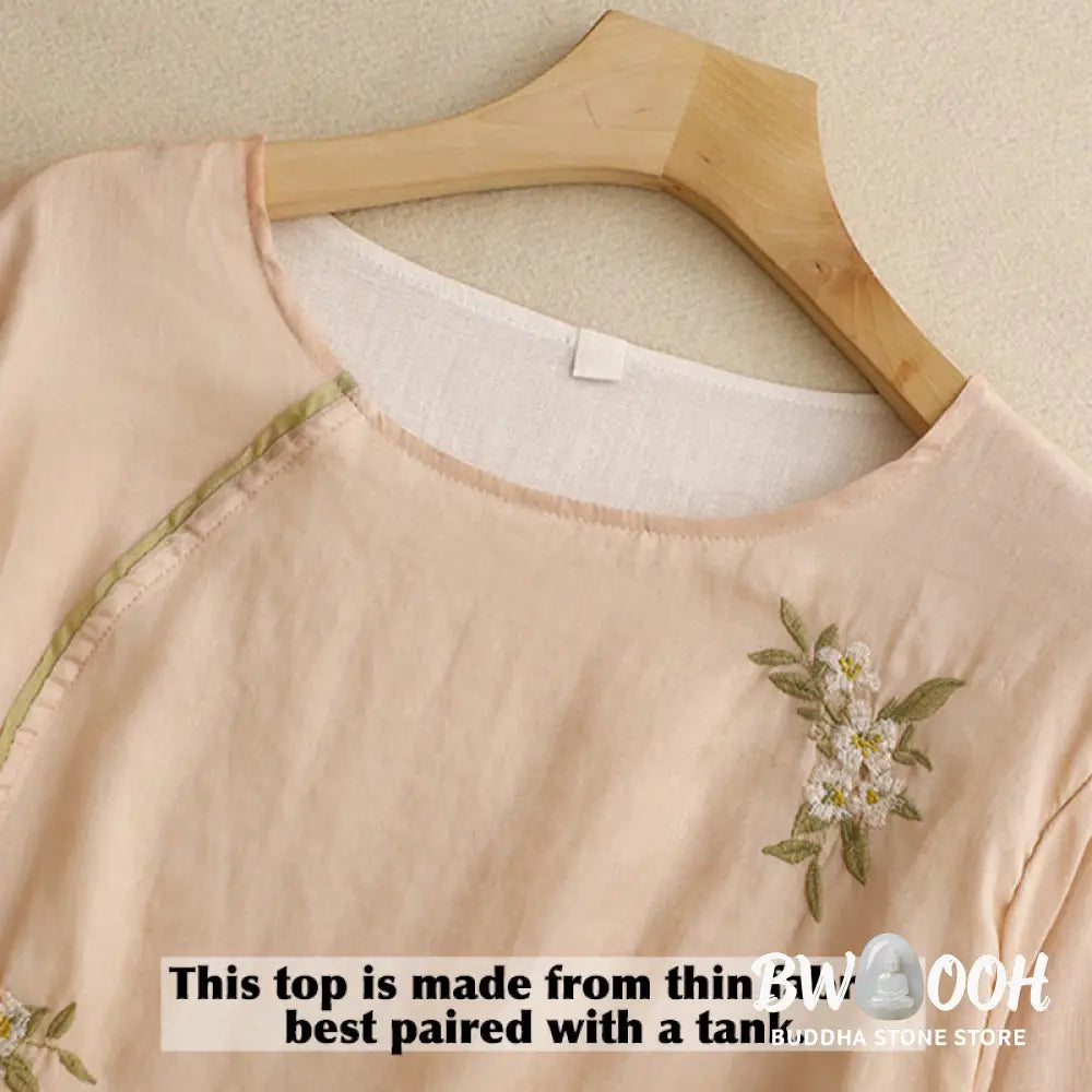 Buddha Stones Beige Floral Green Leaf Embroidery Crew Neck Three Quarter Sleeve Women’s Cotton Shirt - Women’s Shirts