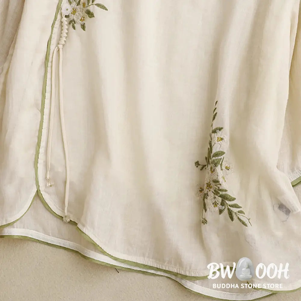 Buddha Stones Beige Floral Green Leaf Embroidery Crew Neck Three Quarter Sleeve Women’s Cotton Shirt - Women’s Shirts