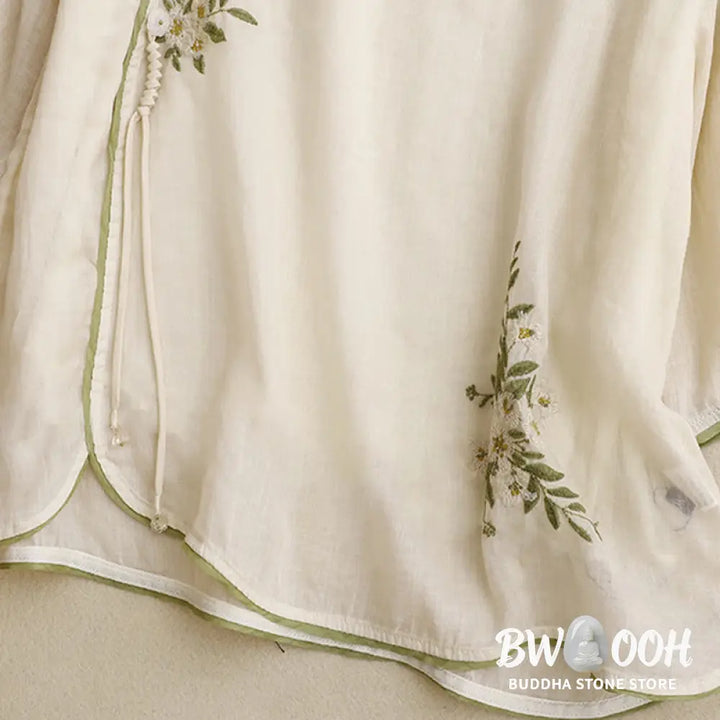 Buddha Stones Beige Floral Green Leaf Embroidery Crew Neck Three Quarter Sleeve Women’s Cotton Shirt - Women’s Shirts