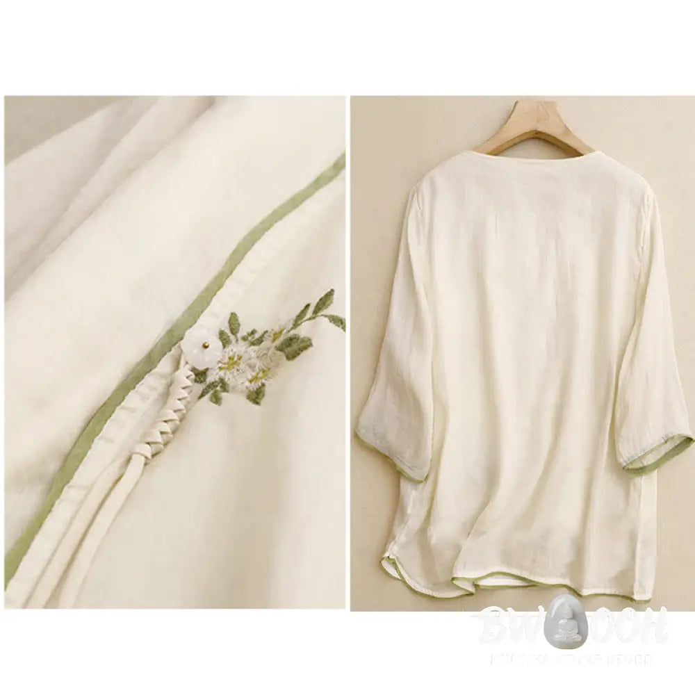 Buddha Stones Beige Floral Green Leaf Embroidery Crew Neck Three Quarter Sleeve Women’s Cotton Shirt - Women’s Shirts