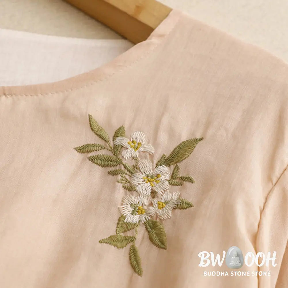 Buddha Stones Beige Floral Green Leaf Embroidery Crew Neck Three Quarter Sleeve Women’s Cotton Shirt - Women’s Shirts