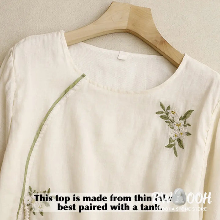 Buddha Stones Beige Floral Green Leaf Embroidery Crew Neck Three Quarter Sleeve Women’s Cotton Shirt - Women’s Shirts