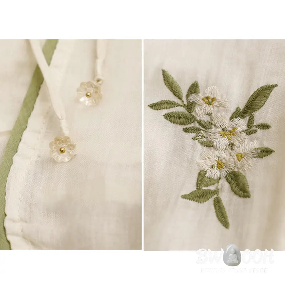 Buddha Stones Beige Floral Green Leaf Embroidery Crew Neck Three Quarter Sleeve Women’s Cotton Shirt - Women’s Shirts