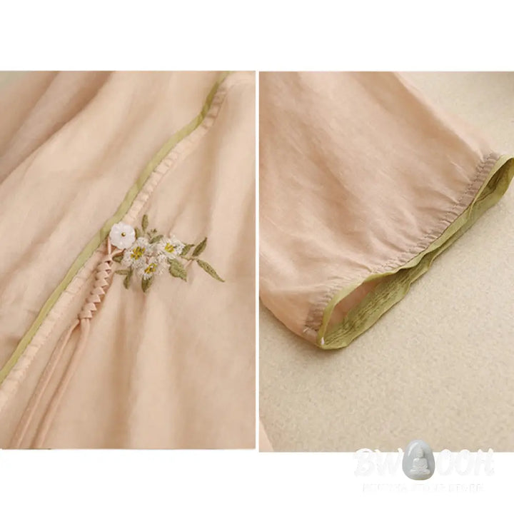 Buddha Stones Beige Floral Green Leaf Embroidery Crew Neck Three Quarter Sleeve Women’s Cotton Shirt - Women’s Shirts