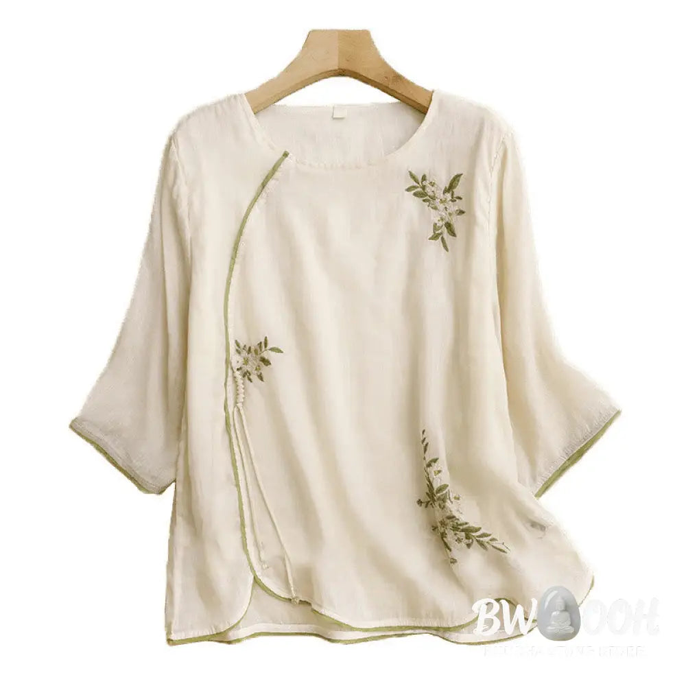 Buddha Stones Beige Floral Green Leaf Embroidery Crew Neck Three Quarter Sleeve Women’s Cotton Shirt - Women’s Shirts