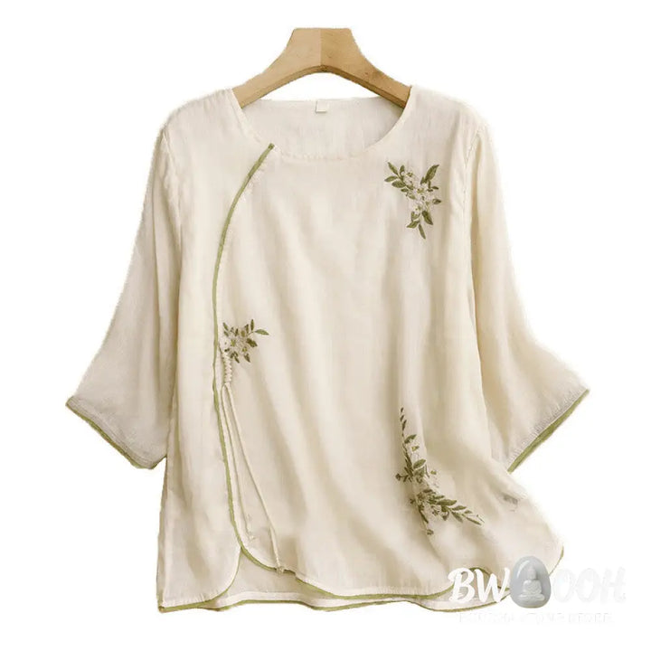 Buddha Stones Beige Floral Green Leaf Embroidery Crew Neck Three Quarter Sleeve Women’s Cotton Shirt - Women’s Shirts